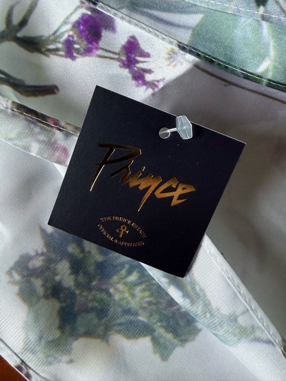 Prince Floral Satin Scarf with Purple Symbol and Multicolor Blooms - Picture 2 of 3